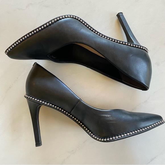 Bar III Black Binsa P Faux Leather Pointed Toe Heels Stilettos Silver Ball Trim - Picture 5 of 9